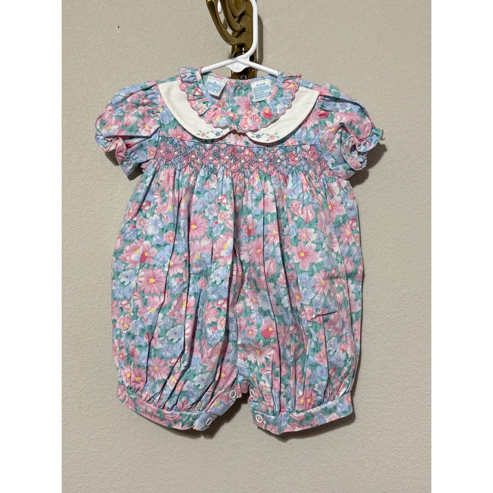Vintage Bright Future Romper Baby Girl 6-9M Pink Blue Floral Smocked Bubble